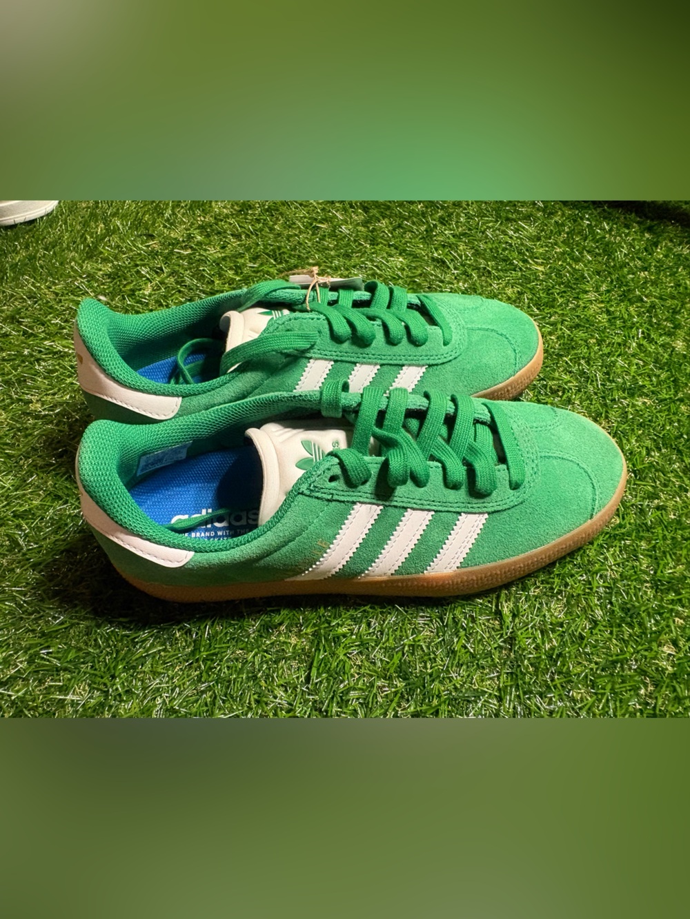 adidas Green Suede Sneakers with White Stripes women’s 7, men’s 6.